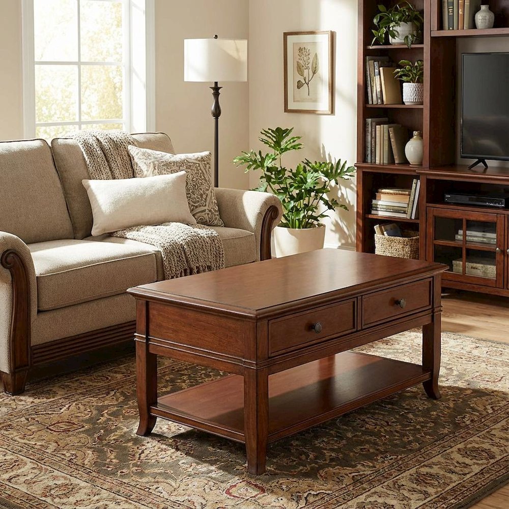 Brown Poplar Cherry Veneer Table, 2-Drawer Storage, Fixed Lower Shelf