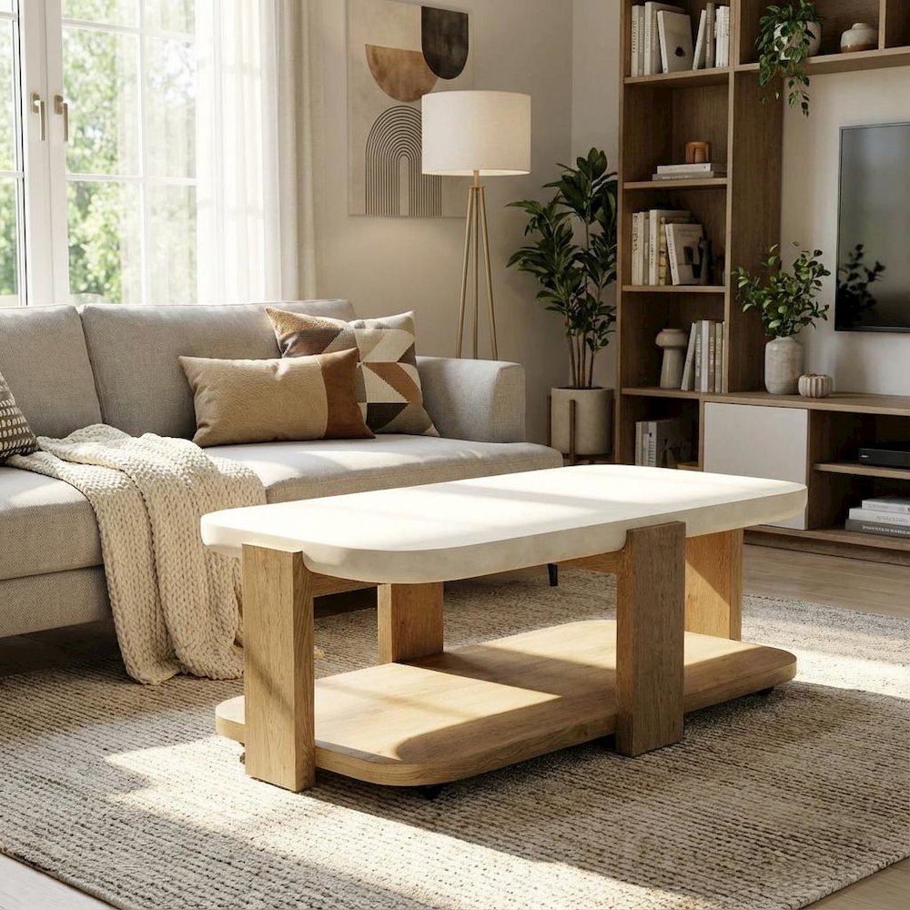 Beige Cocktail Table, Oak Veneers, Textured Top, Radiused Edges, Rolling Casters