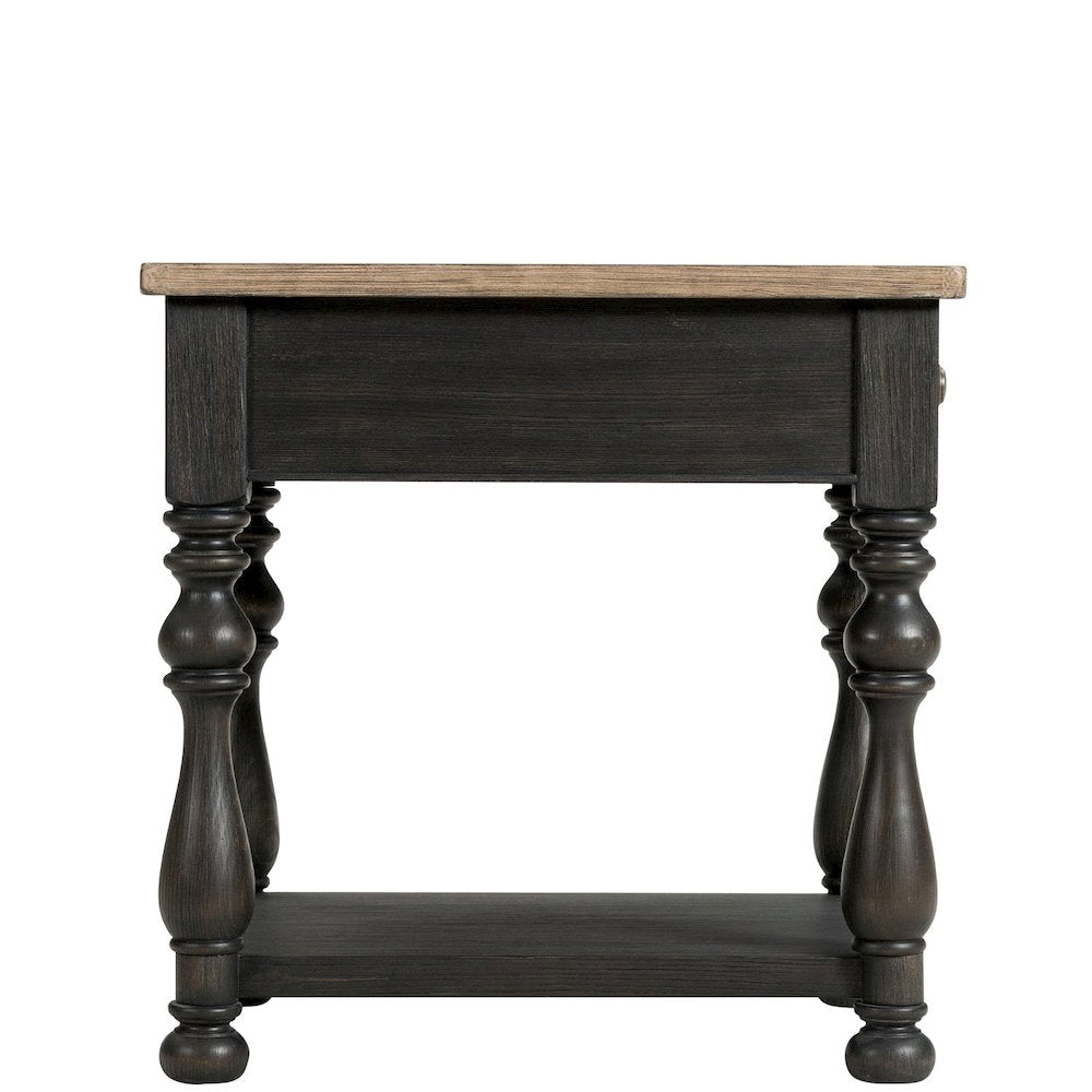 Brown Chairside Table, Poplar Ash Veneer, V-Grooves, Drawer, Fixed Shelf