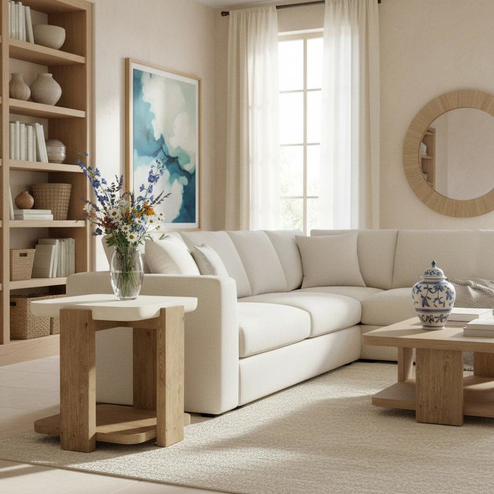 Beige End Table, Oak Veneers, Textured Radiused Top, Modern Side Accent