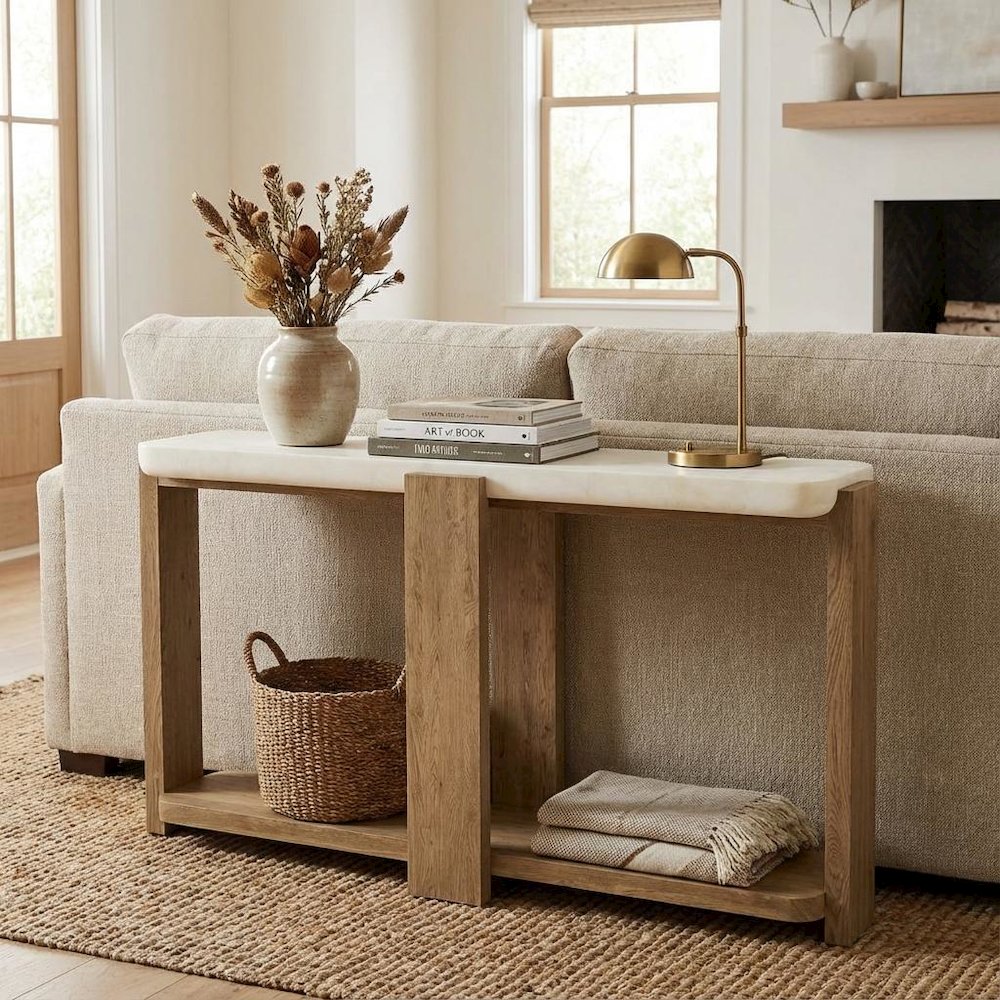 Beige Sofa Table, Oak Veneers, Textured Top, Radiused Edges, Console Accent