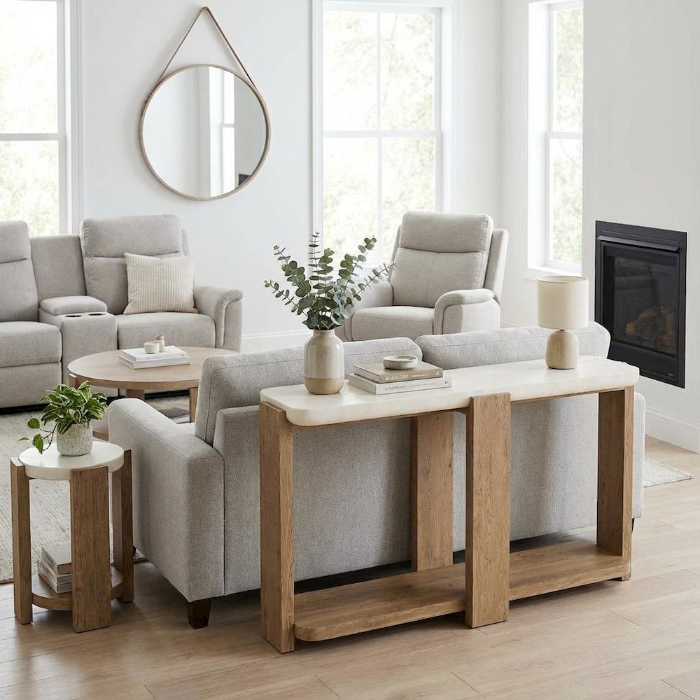 Beige Sofa Table, Oak Veneers, Textured Top, Radiused Edges, Console Accent