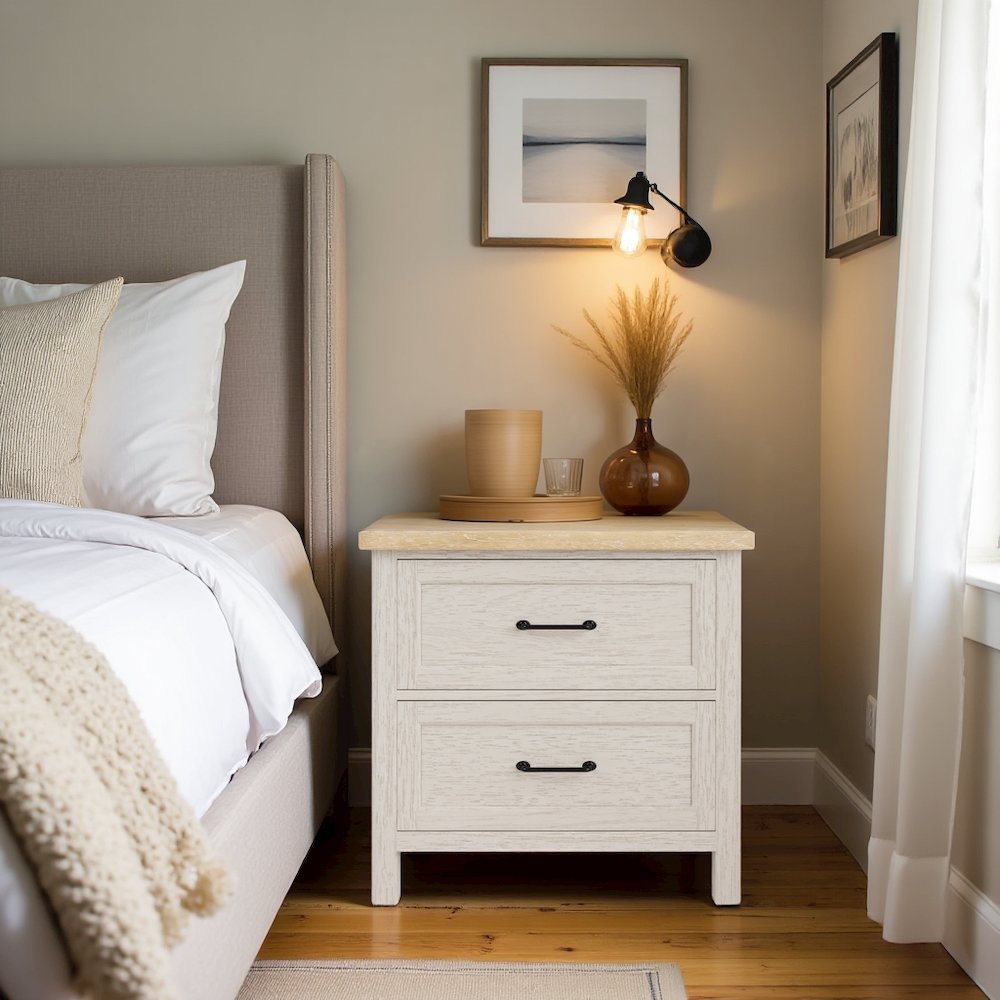 Wood Nightstand with 2 Drawers – Beige End Table Bedroom Accent Storage