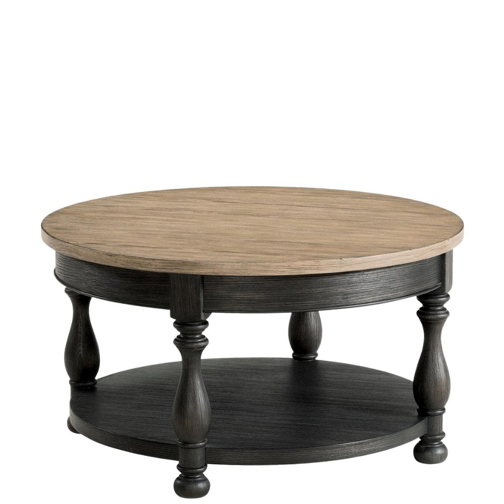 Brown Round Cocktail Table, Poplar Ash Veneer, V-Grooves Top, Lower Shelf