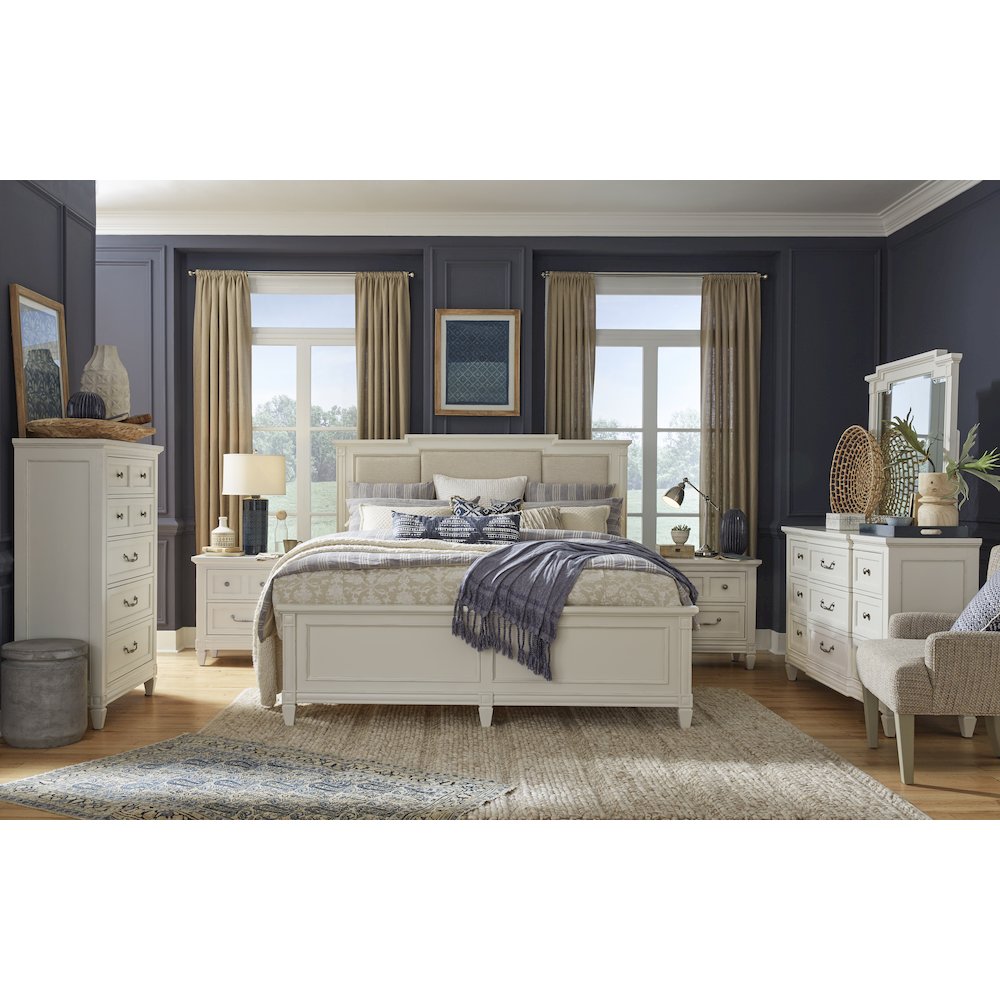 Egg Shell White With Slight Rub Through Drawer Dresser With Landscape Mirror