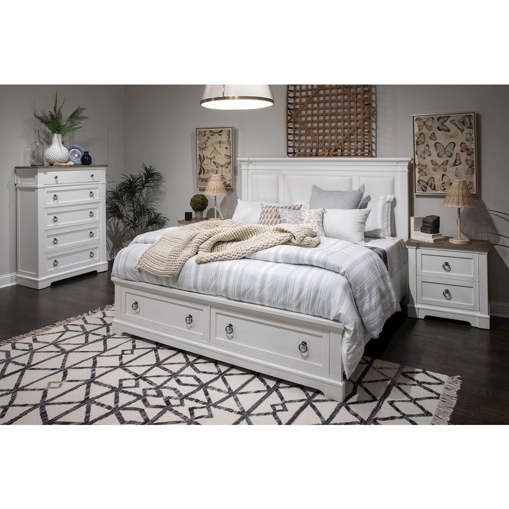 Kingston Whisper White And Cerused Nutmeg King Upholstered Panel Storage Bed