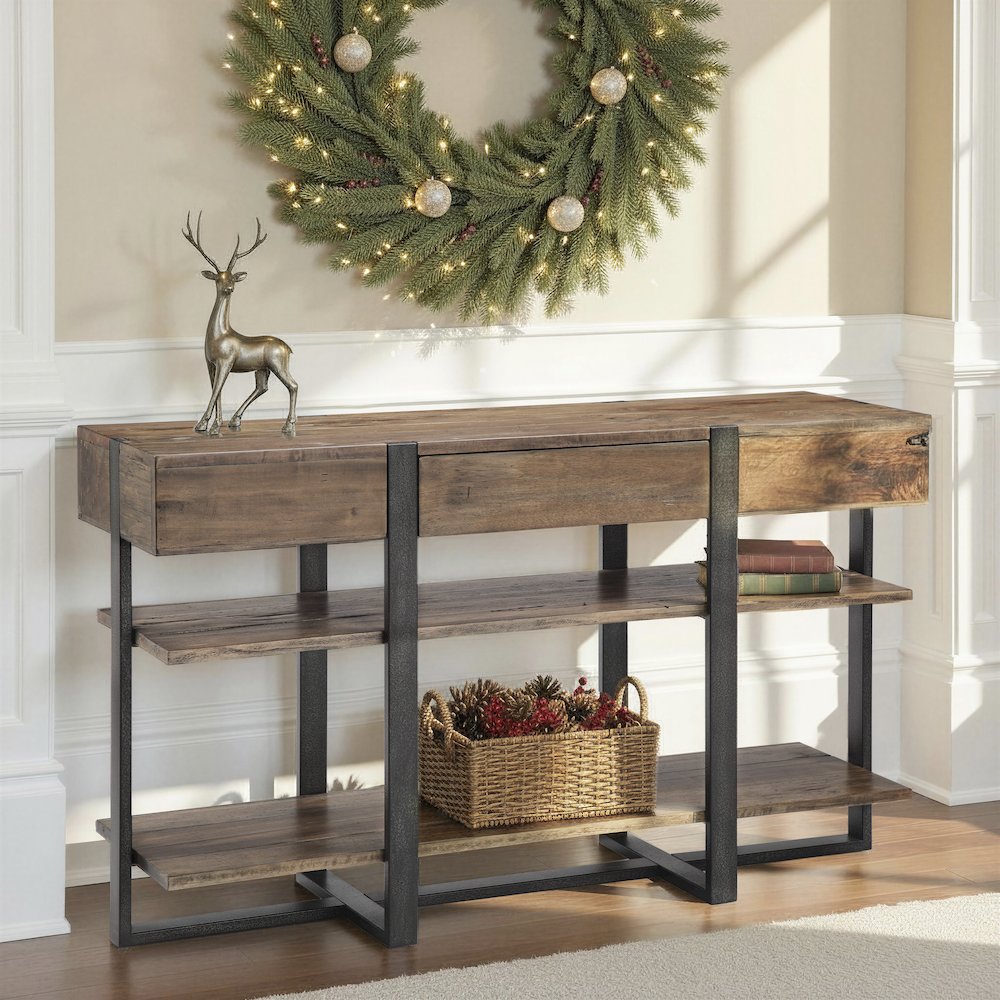 Prescott Rustic Honey And Distressed Iron Rectangular Sofa Table