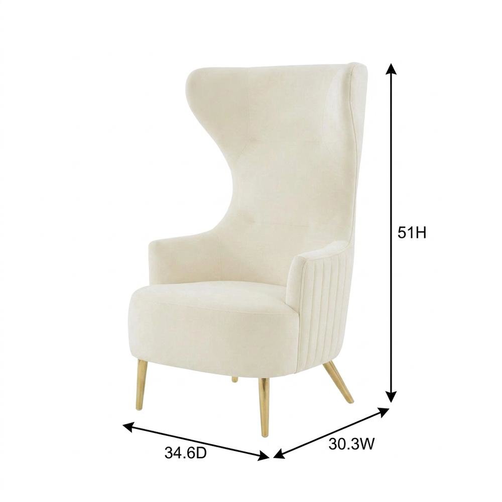 Beige Velvet Wingback Chair With Gold Frame And Channel Tufted Back