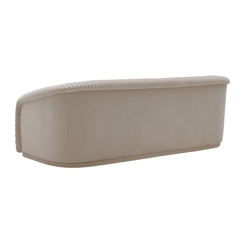 Beige Velvet 3 Seater Couch With Rolled Arms And Pleated Backrest Detail