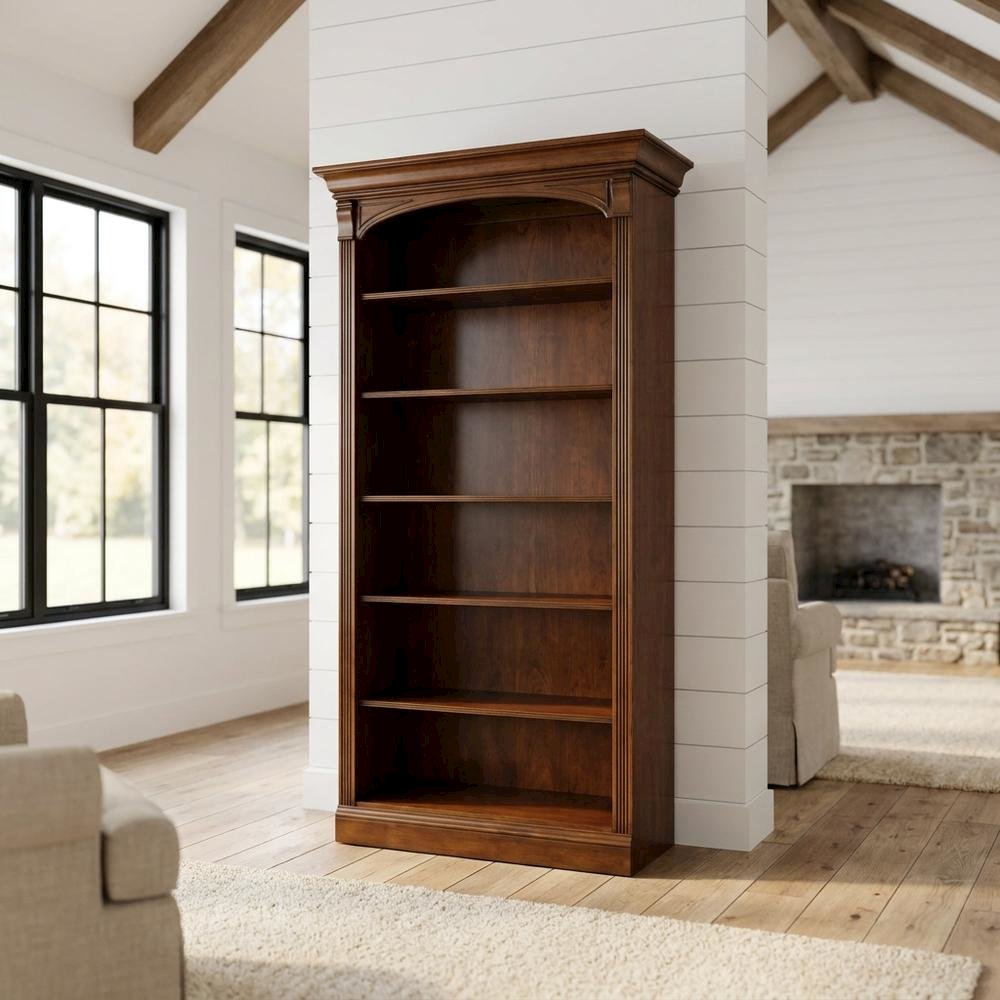 Cherry Veneer Tall Open Bookshelf with Distressed Wood Shelves for Office, Brown