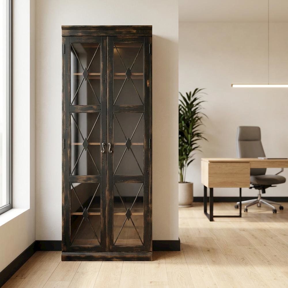 Oak Veneer and Glass Two-Door Curio Display Cabinet with Storage, Black