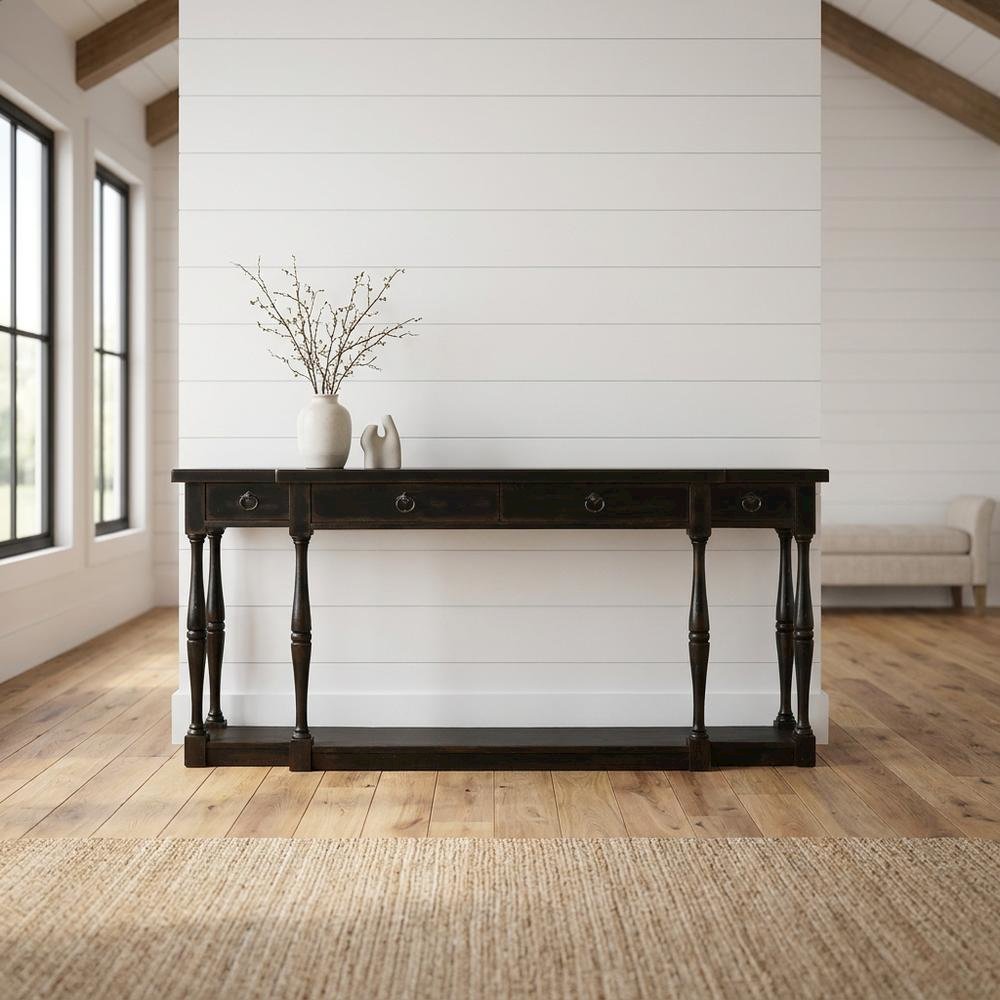 Oak Veneer Console Table with Four Drawers, Narrow Entryway Table, Black