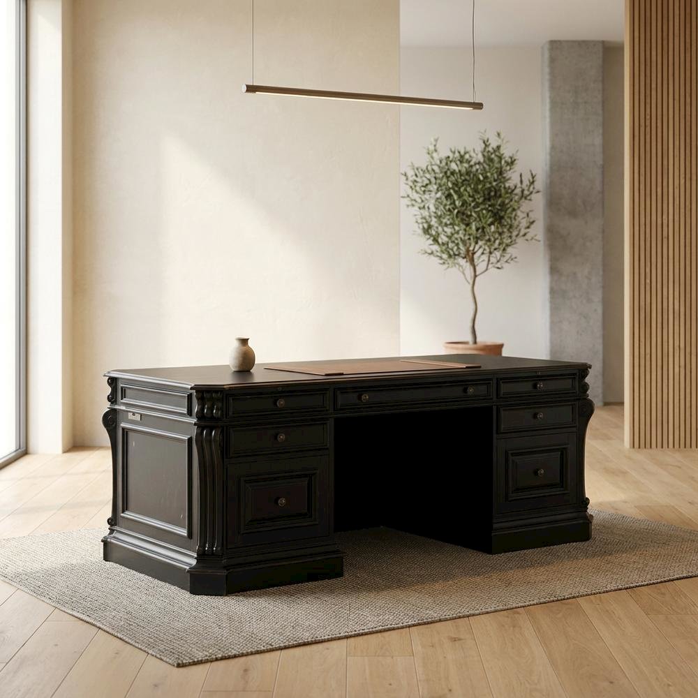 Cherry Veneer Executive Desk, Leather Panels and Nailhead Trim, Black