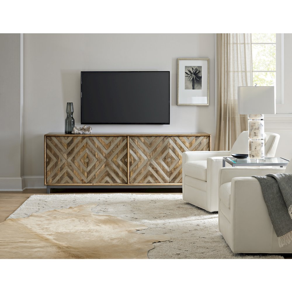 Wood-Door Entertainment Console in Medium Brown w/ Chevron Inlay by Hooker