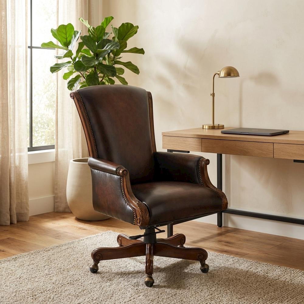 Leather Executive Swivel Chair, Fixed Arms, and Old World Finish, Brown