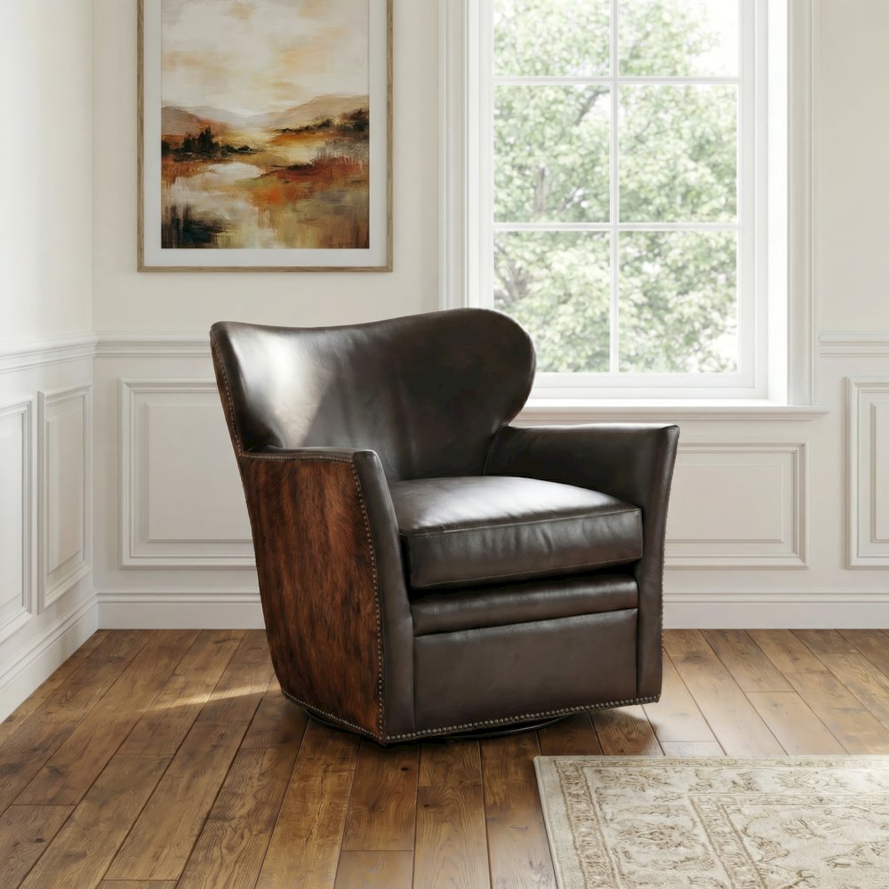 Kato Leather Living Room Swivel Chair w/ Dark HOH