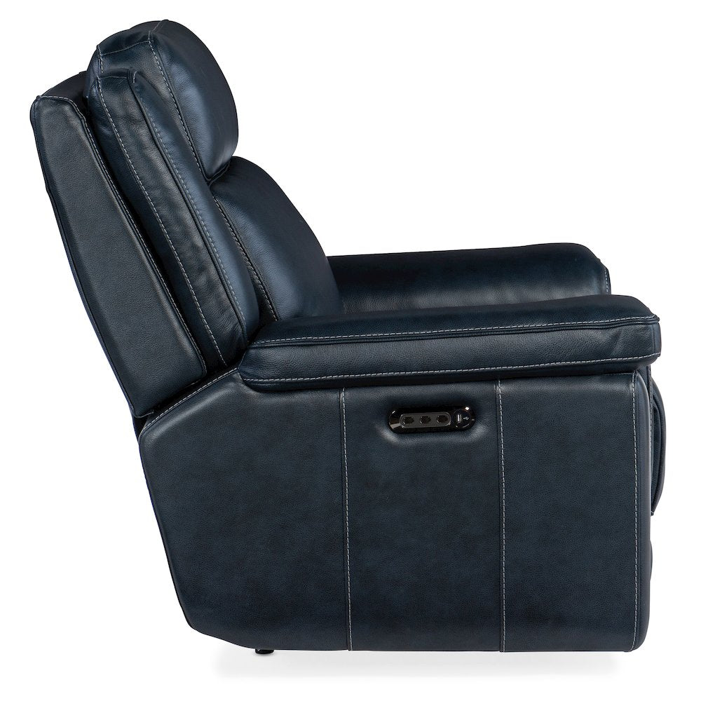 Montel Lay Flat Power Recliner with Power Headrest & Lumbar in Blue Leather