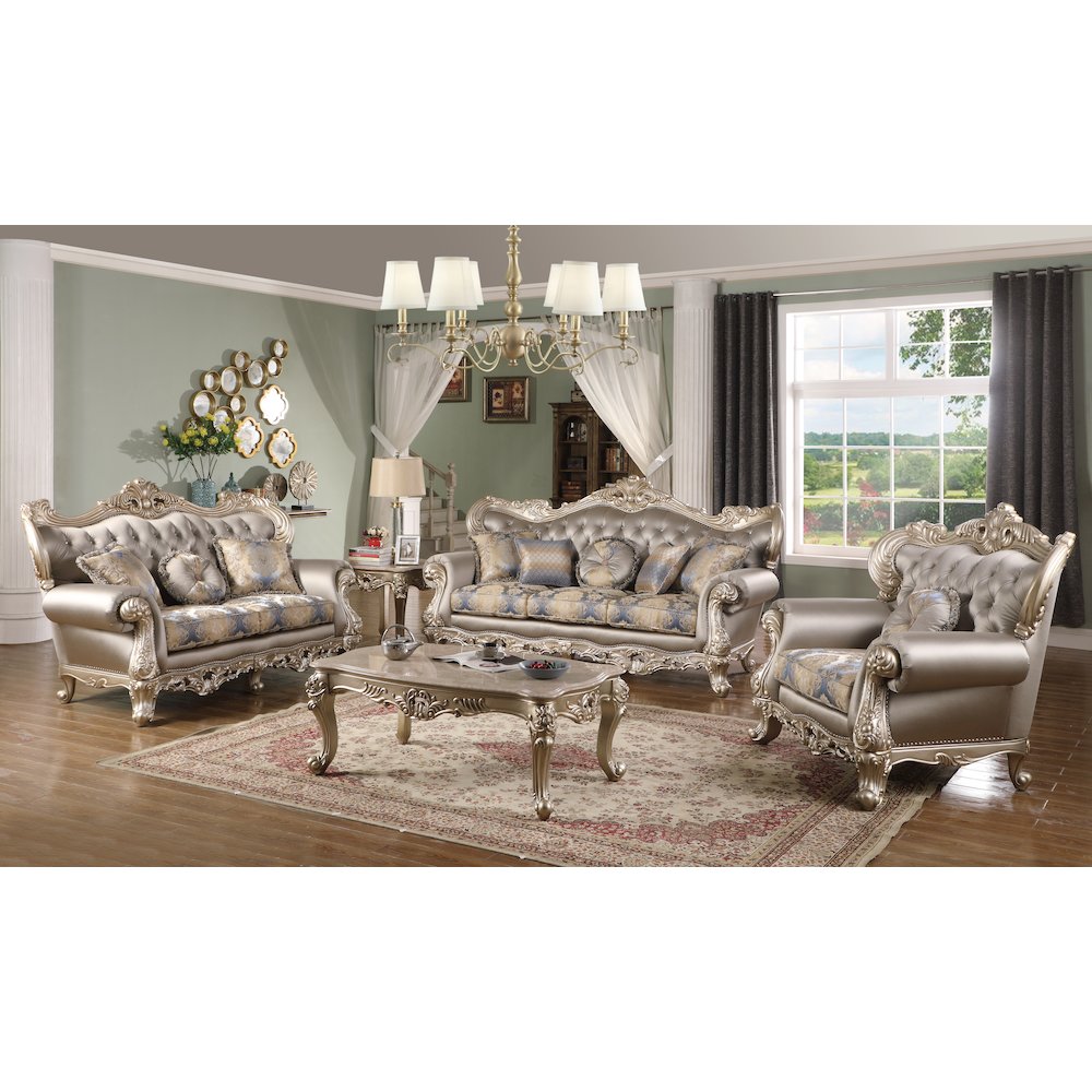 Ariel Champagne and Blue Upholstered Chair with Wooden Accents