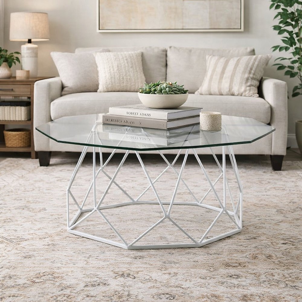 White Glass Top Coffee Table with Steel Frame and Tempered Glass Surface