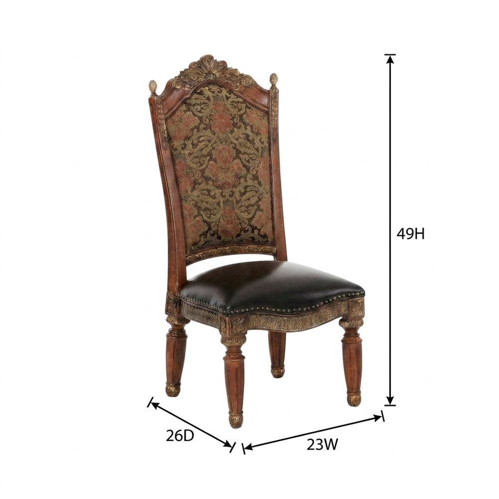 Classic Chestnut Dining Side Chairs with Leather & Jacquard Upholstery, Set of 2