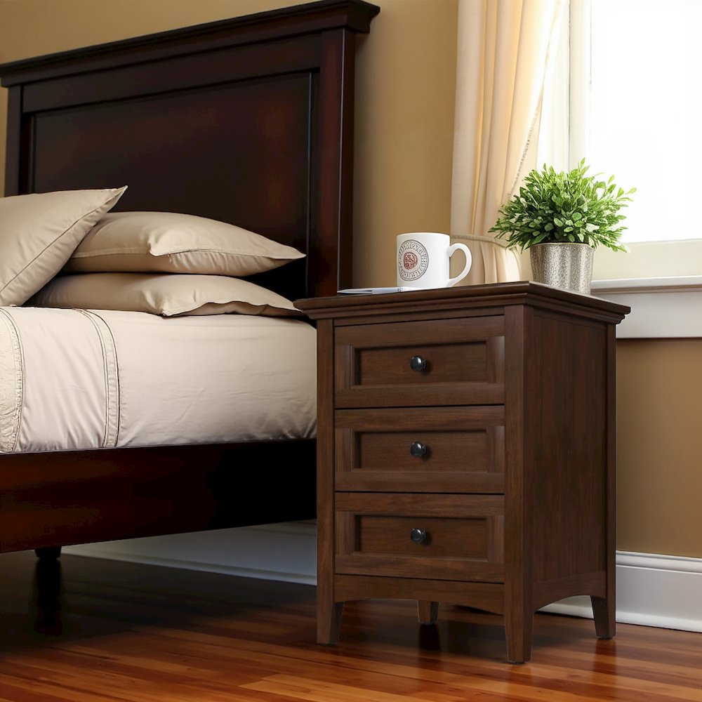 30 Inch Wooden Nightstand, 3 Drawer Brown Bedroom Table in Solid Wood