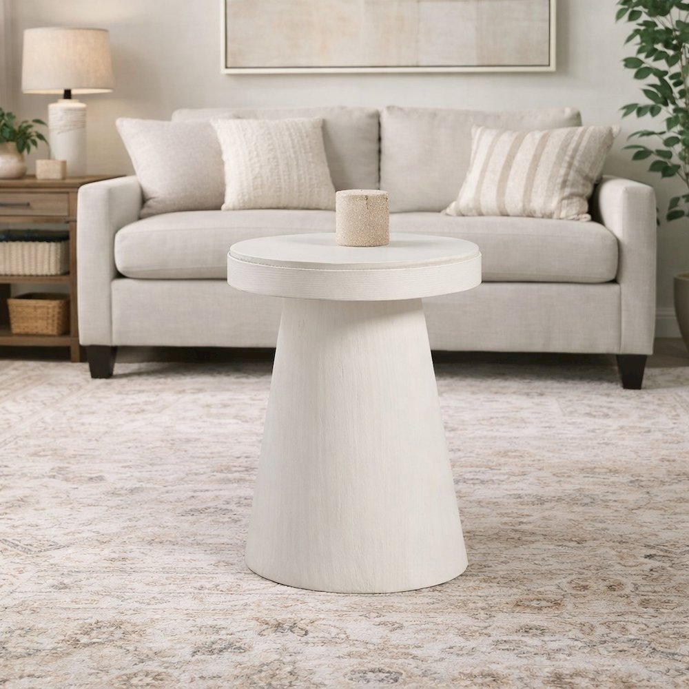 White Stone Accent Table with Honed Top – Round Outdoor or Living Space Piece