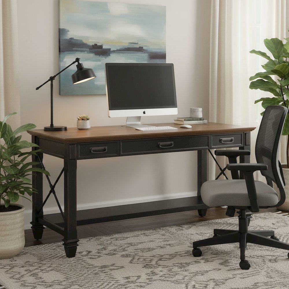 Wood Writing Desk, 3 Drawers, Power Center, Finished on All Sides, Brown