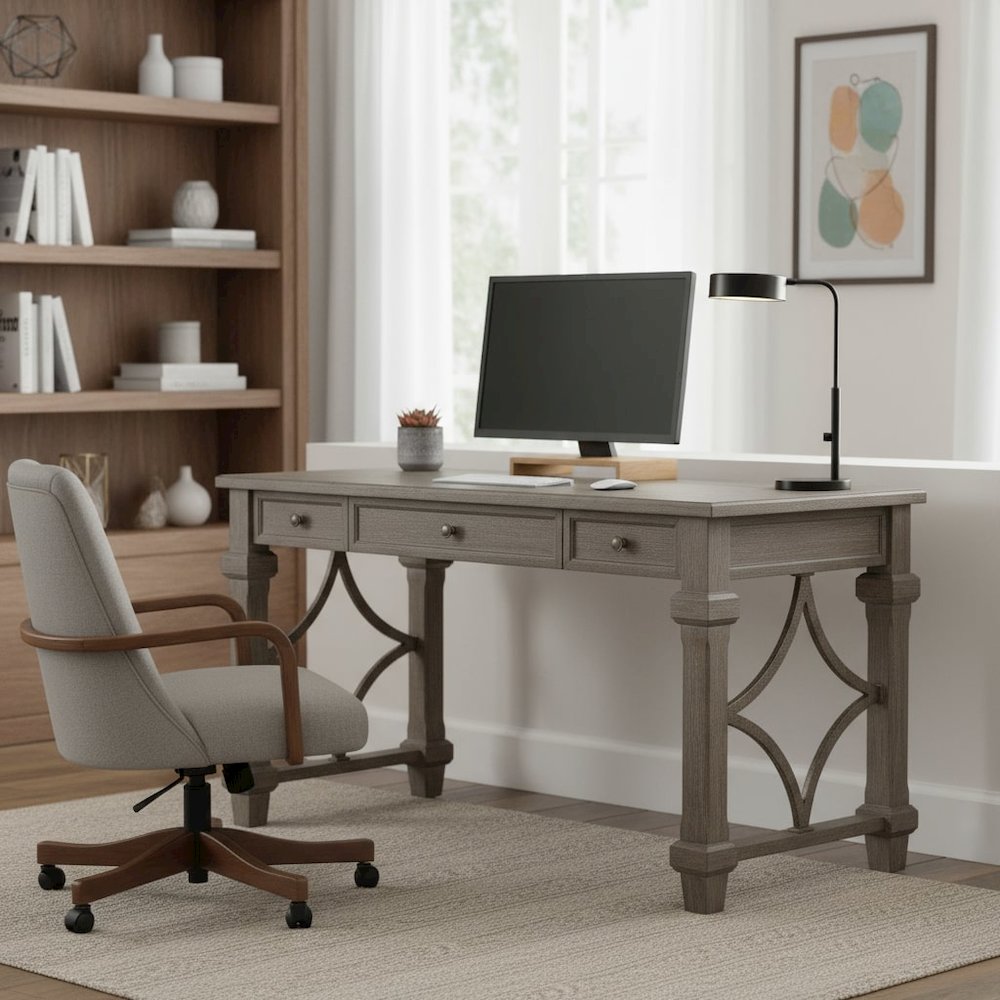 Wood Writing Desk, 3 Drawers, Power Center, Charging Shelf, Gray Finish