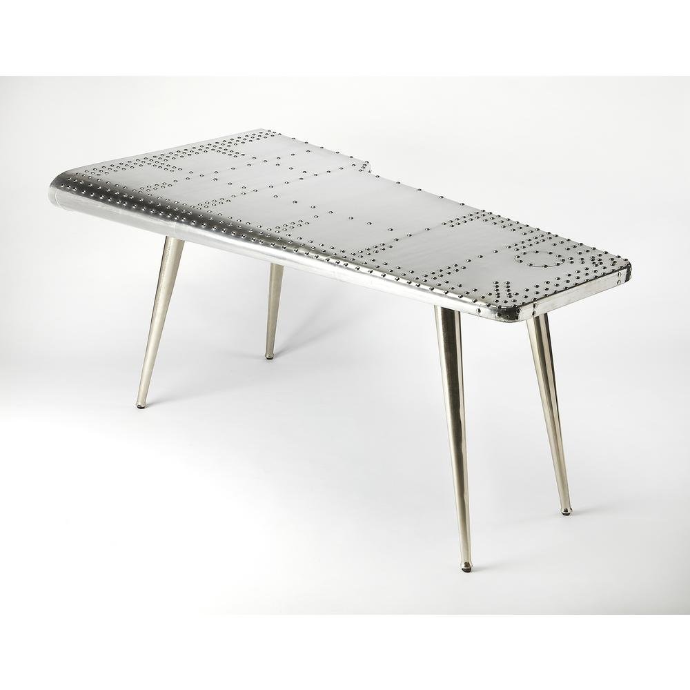 Silver Aviation-Style Desk with Aluminum Finish and Durable Steel Frame