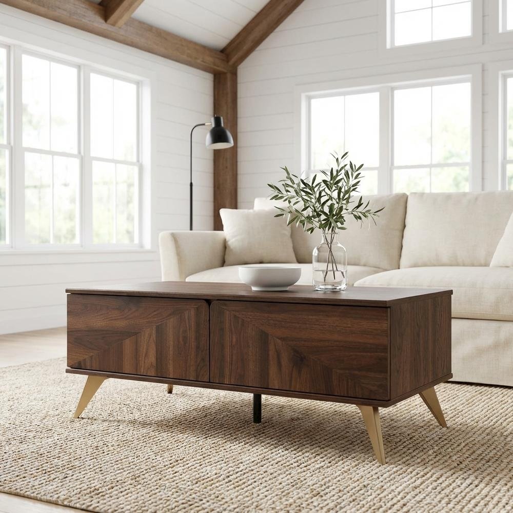 Walnut Brown Coffee Table with 2 Drawers Mid-Century Particle Board Legs