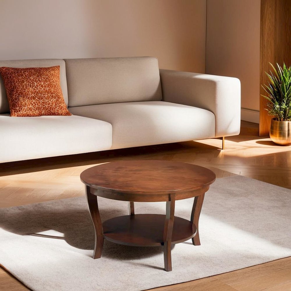 Brown Round Coffee Table with Lower Shelf for Stylish Living Room Storage