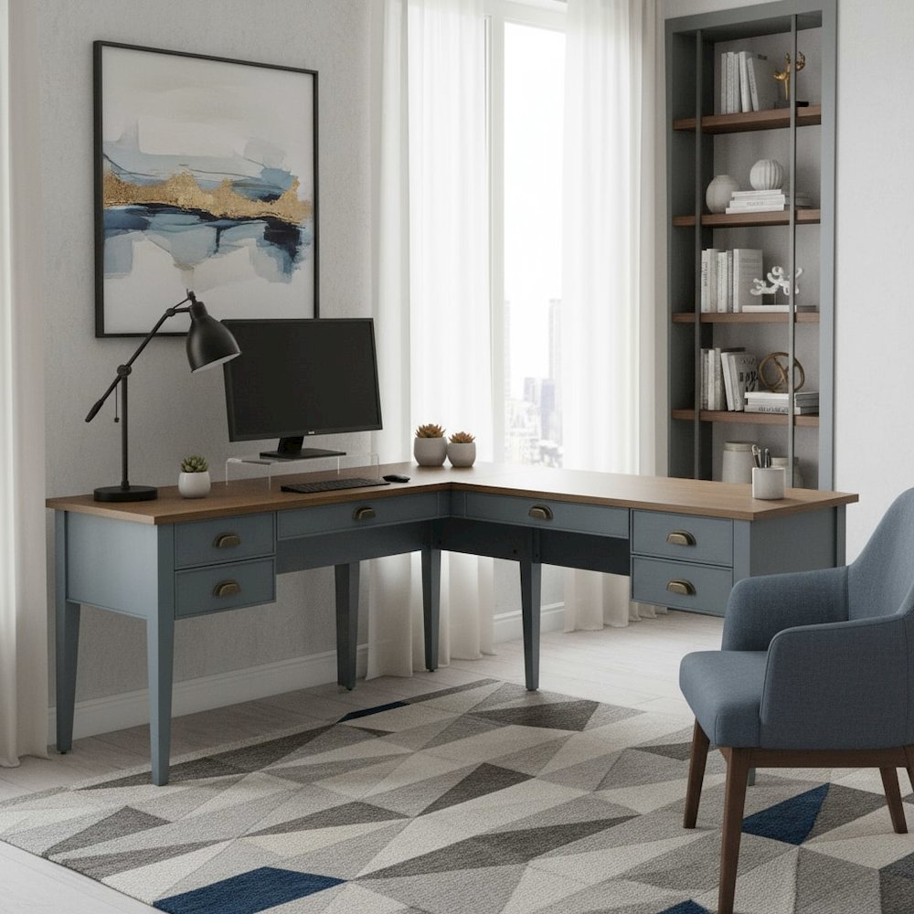 Wood Half-Pedestal Writing Desk and Return, 5 Drawers, Sit/Stand Return, Blue