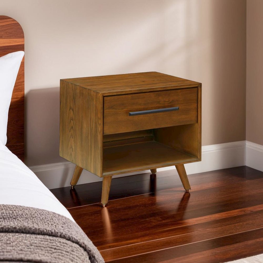 Elegant Brown Nightstand with Drawer and Open Space for Bedroom Essentials
