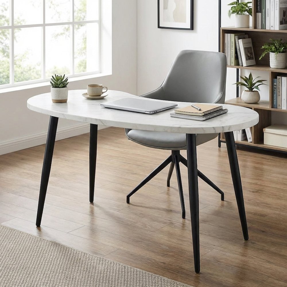 White Marble Veneer Top Desk with Sleek Modern Design for Office Workspace