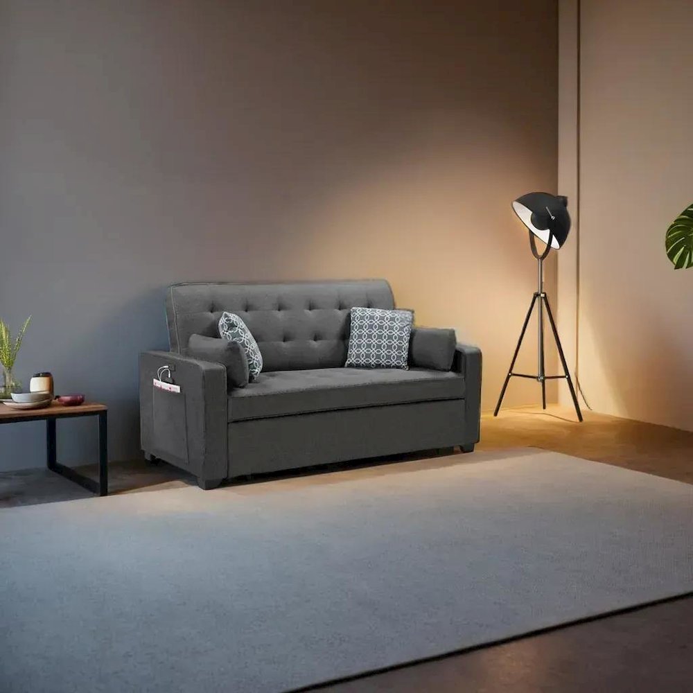 Modern Gray Fabric Sleeper Sofa Featuring USB Ports and Decorative Pillows
