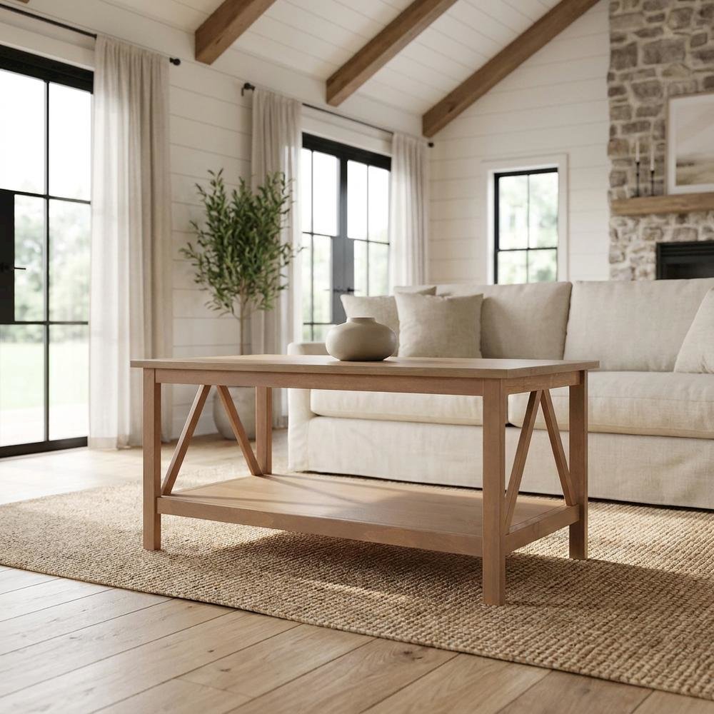 Rustic Driftwood Coffee Table with Solid Wood Finish and Open Storage