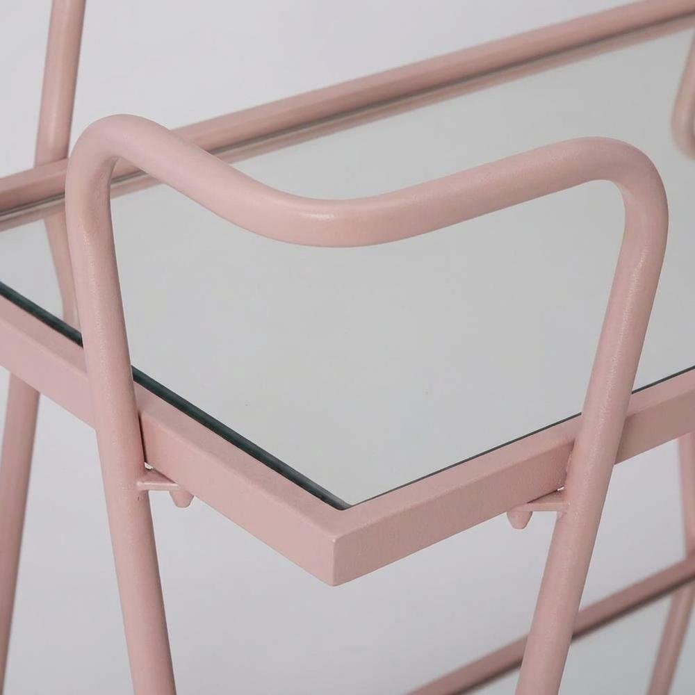 Pink Mid-Century Bar Cart with Glass Shelves and Iron Frame