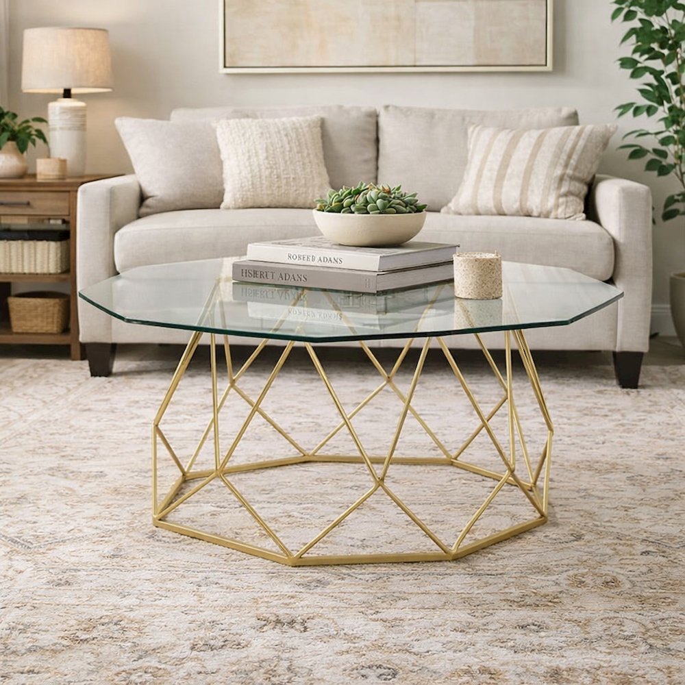 Gold Steel and Tempered Glass Coffee Table with Contemporary Style