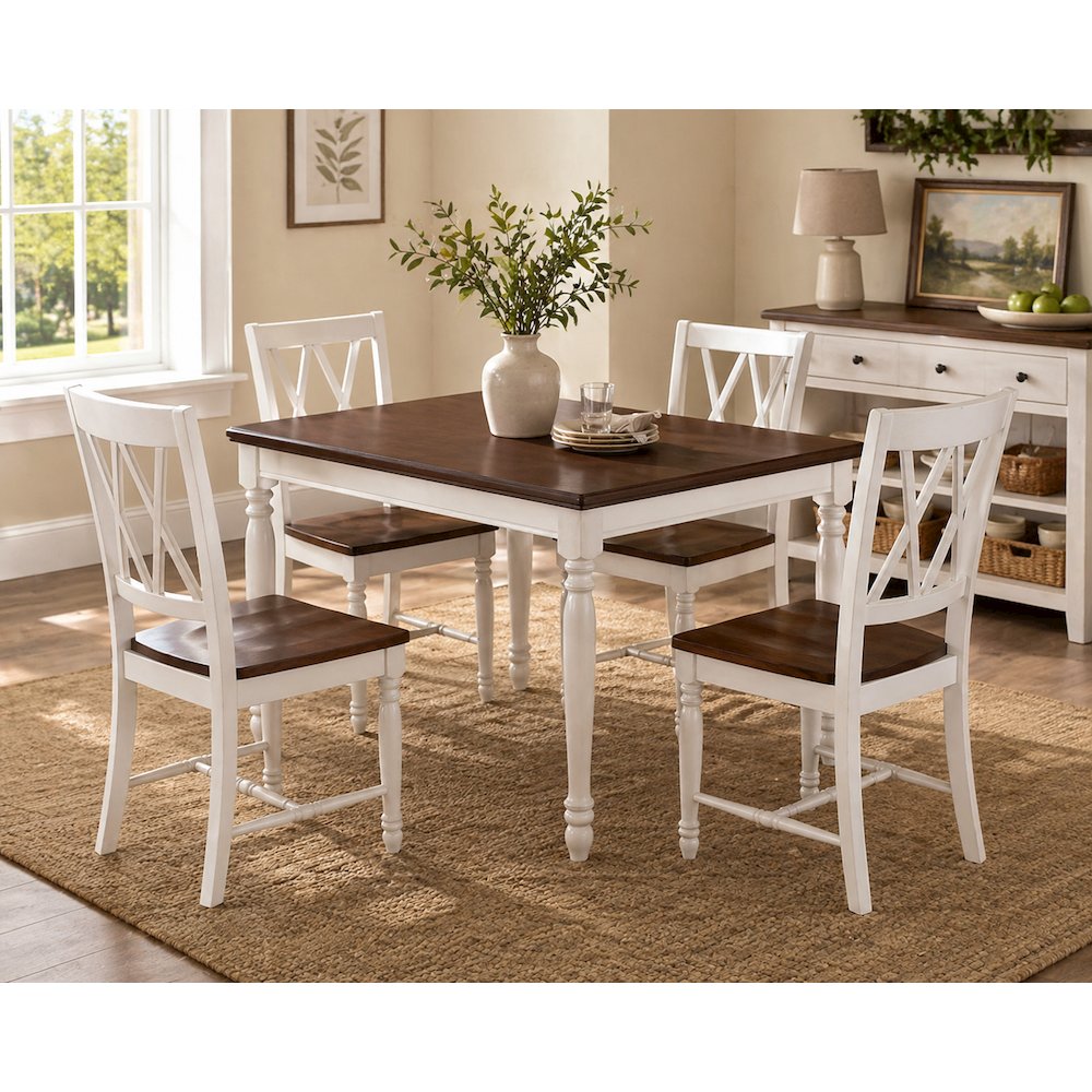 White dining table with four matching chairs and anti-tip hardware layout