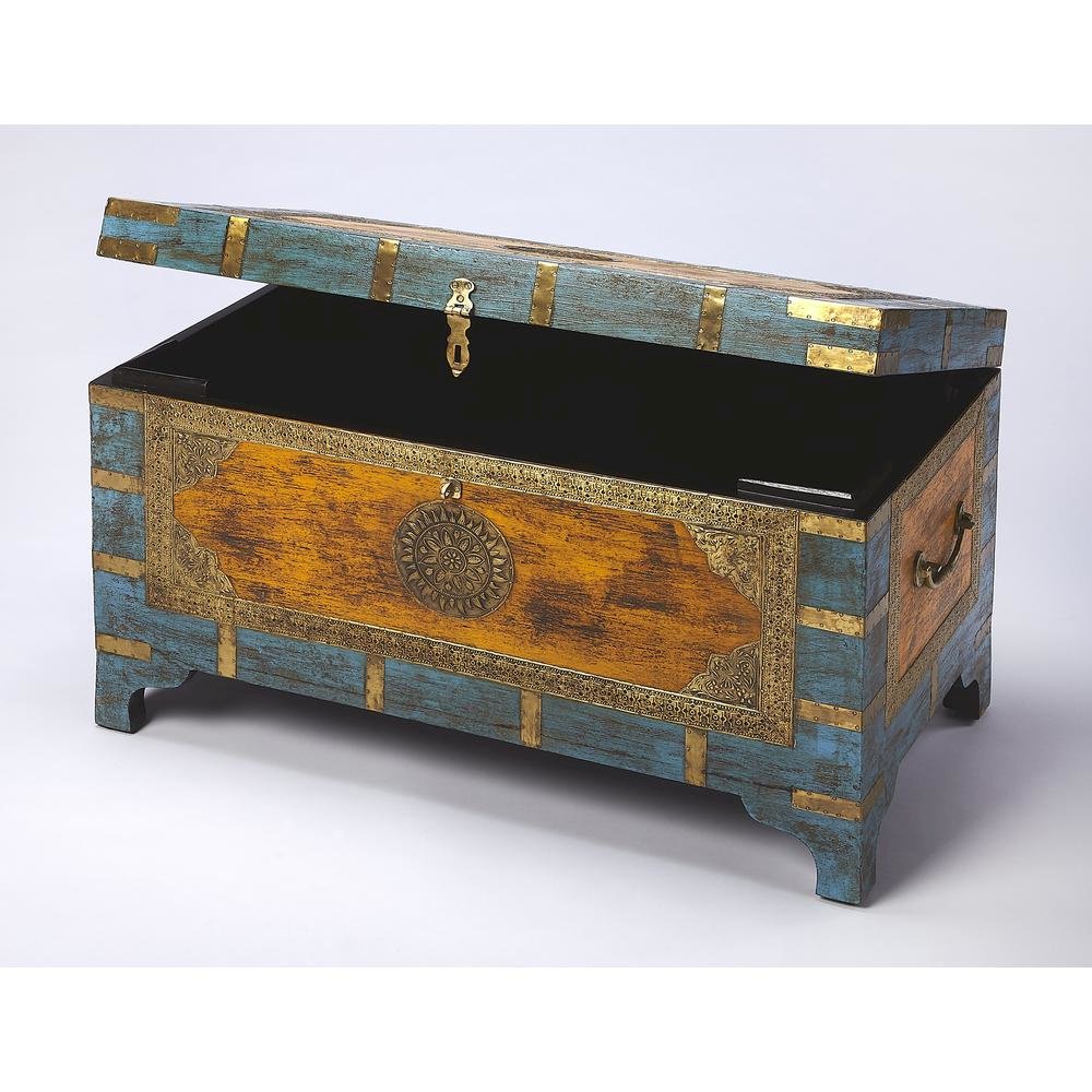 Multicolor Hand-Painted Wooden Storage Trunk Coffee Table with Brass Inlay