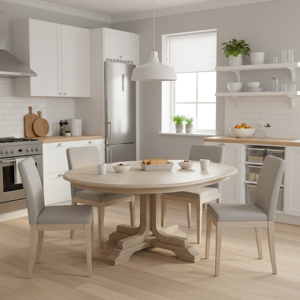 Gray Round Extension Dining Table 60 Inches, Acacia Wood, Solid Base