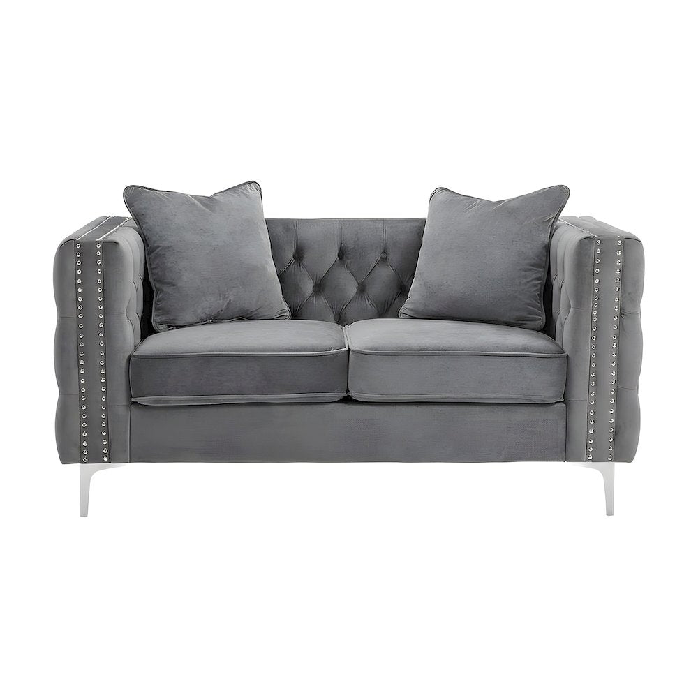 Velvet-Upholstered Loveseat with Button-Tufted Back and Nailhead Trims, Gray