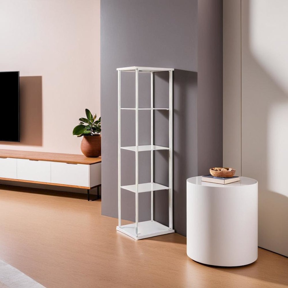 Elegant Rectangular Accent Cabinet with Four Shelves in White and Clear Glass