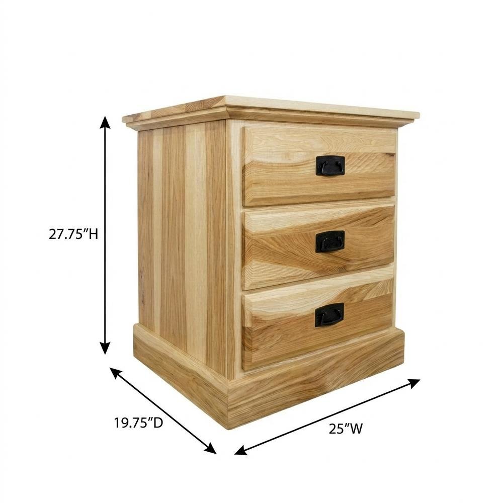 Light Wood 3 Drawer Nightstand, Solid Hickory Wood, Antiqued Bronze Hardware