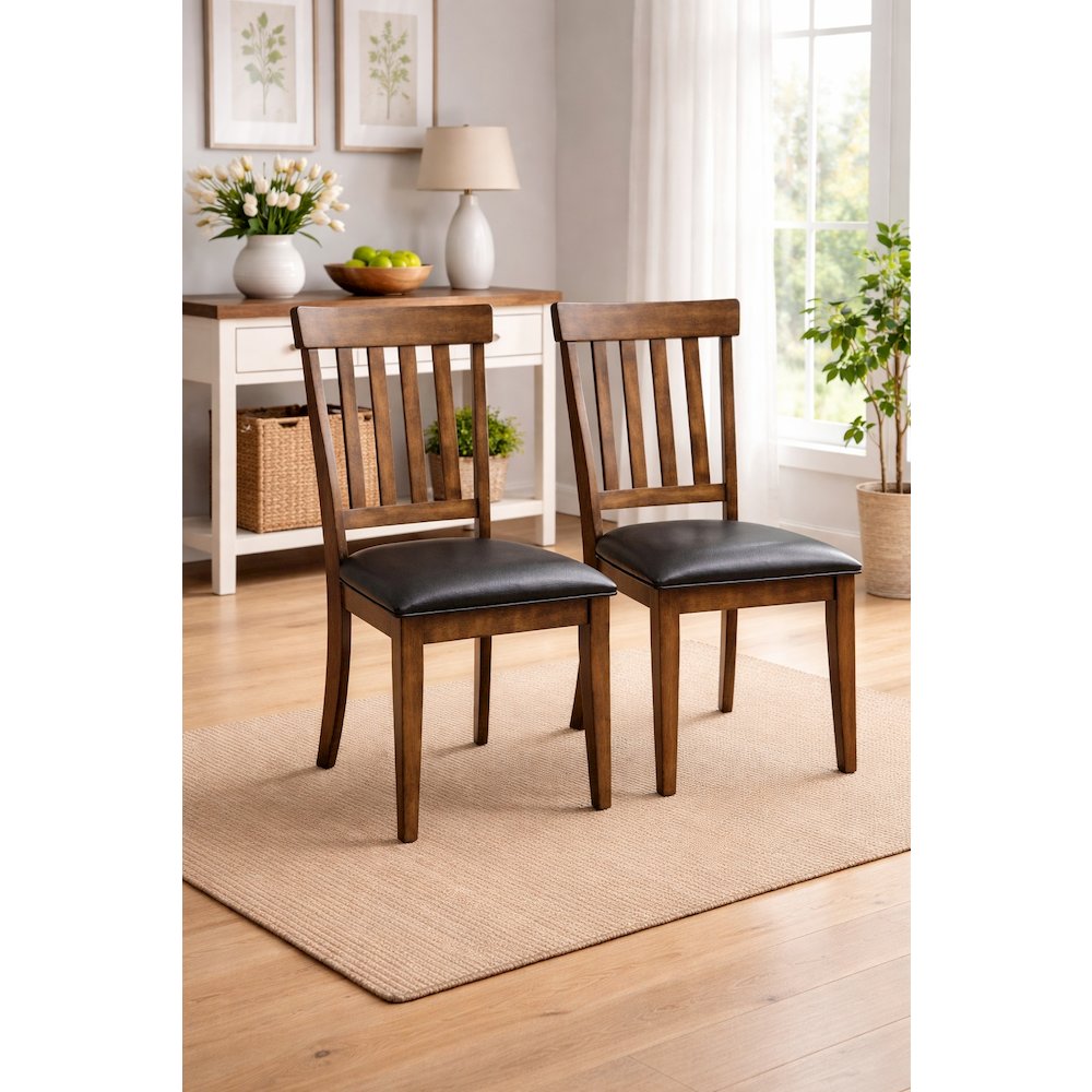 Rustic Whiskey Slatback Dining Chairs with Faux Leather Upholstery