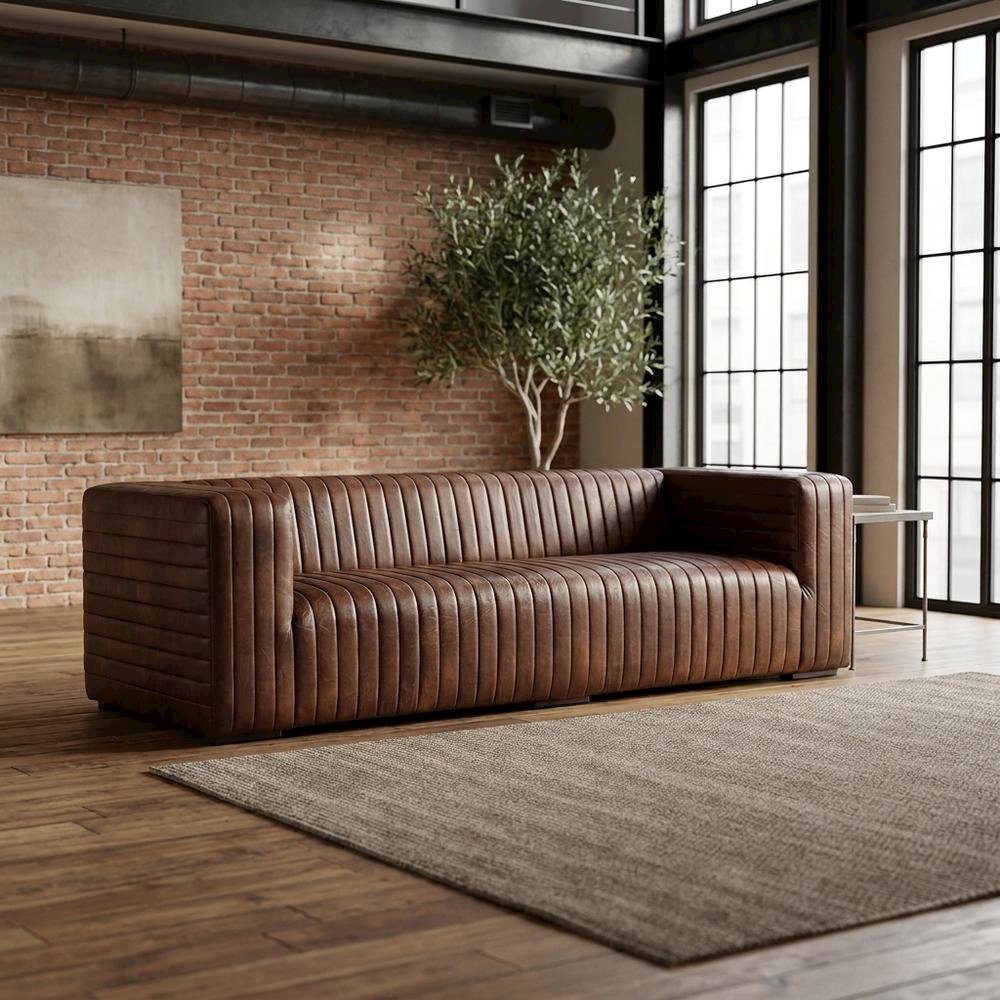 Top-Grain Leather Sofa with Channel Stitching, Industrial Style