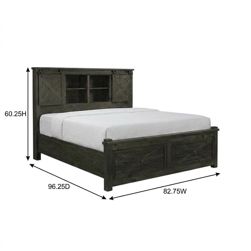 Charcoal Rustic Storage Bed with Integrated Bench and Solid Pine Construction