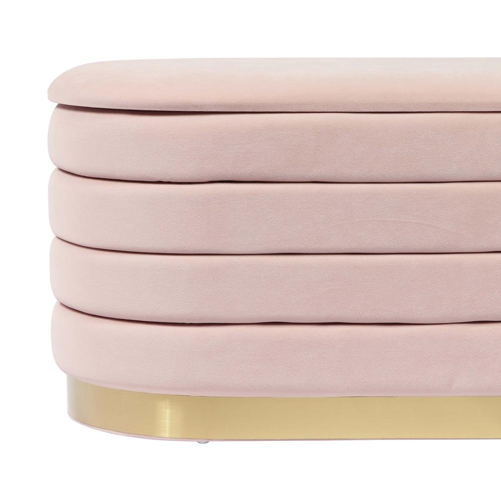 Pink velvet storage bench with gold legs, spacious seat and hidden storage