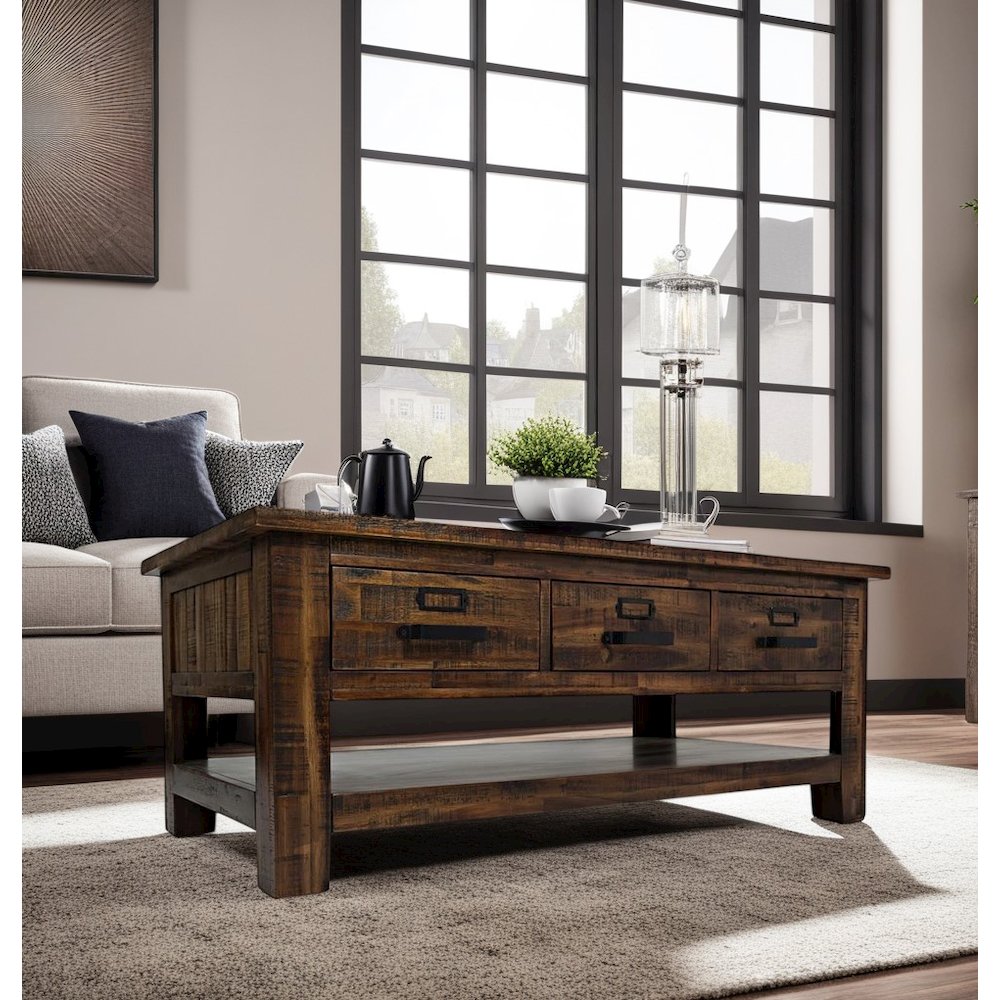 48-Inch Gray Coffee Table with Three Drawers, Acacia and MDF Construction