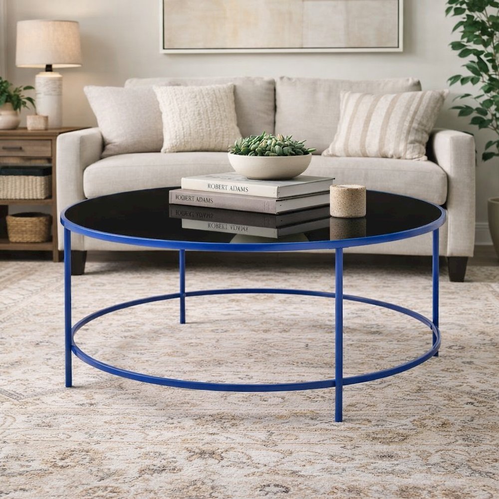 Blue Round Coffee Table with Tempered Glass Top and Steel Frame, Single Piece